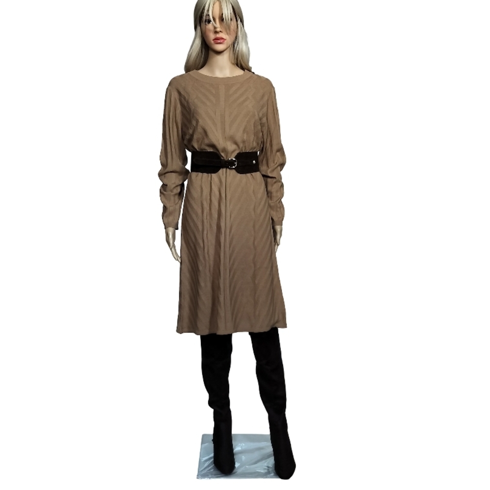 Elegant Tan Long Sleeve Knit Midi Dress Size L NWOT